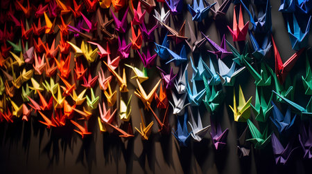 Colorful origami paper planes on black background. Abstract background.の素材