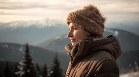 Young woman in a warm jacket and hat in the mountains at sunsetの素材