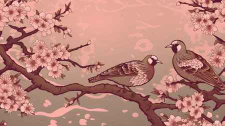 Seamless pattern with birds and cherry blossom. Vector illustration.の素材