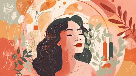 Beautiful woman with long curly hair. Vector illustration in a flat style.の素材