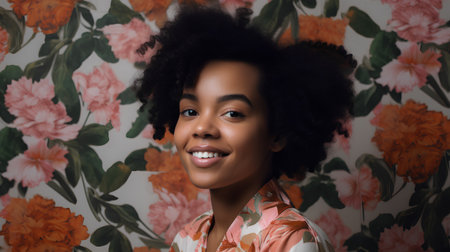 Young african american woman with afro hairstyle on floral backgroundの素材