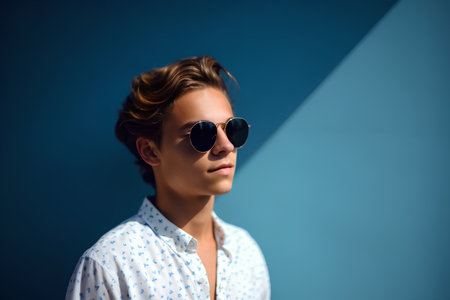 portrait of a young man in sunglasses on a blue background.の素材