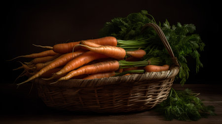 Basket of fresh carrots with green leaves on a wooden table.の素材