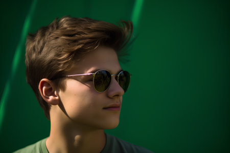 Portrait of a young man in sunglasses on a green background.の素材