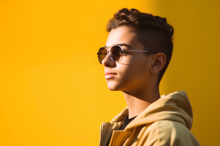 Portrait of a handsome young man in sunglasses on a yellow backgroundの素材