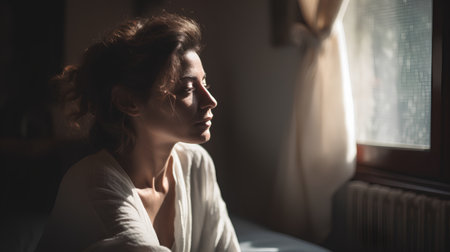 Portrait of a beautiful young woman sitting in bed in the morningの素材