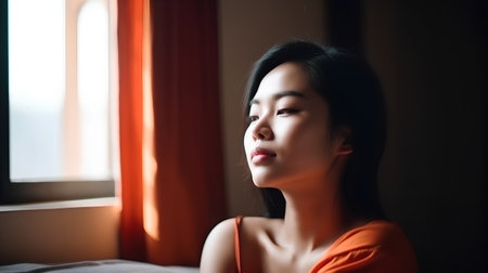 Portrait of beautiful asian woman in orange shirt looking through windowの素材