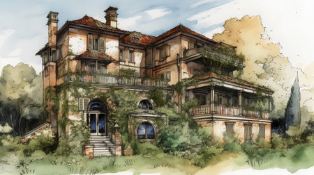 Watercolor illustration of an old house in the middle of the cityの素材