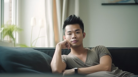 young asian man sitting on sofa in living room and looking at cameraの素材