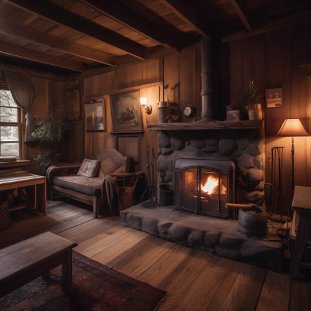 Interior of an old wooden house with a fireplace and a sofaの素材
