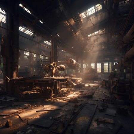 Abandoned industrial factory interior. 3d rendering toned imageの素材