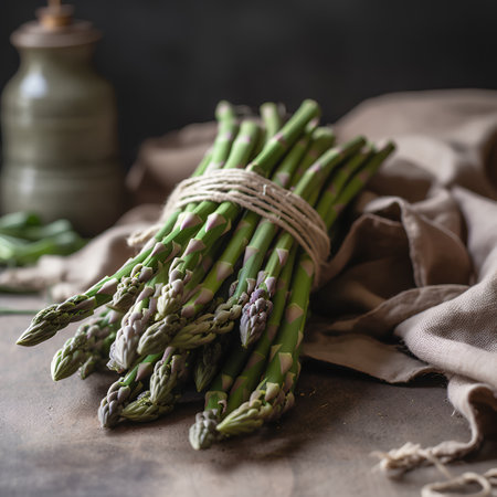 Bunch of fresh green asparagus on rustic background, selective focusの素材