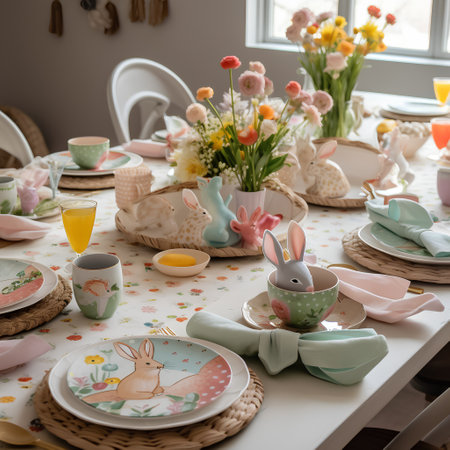Easter table setting with spring flowers, eggs and crockeryの素材