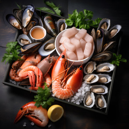 Seafood platter on dark wooden background. Top view.の素材