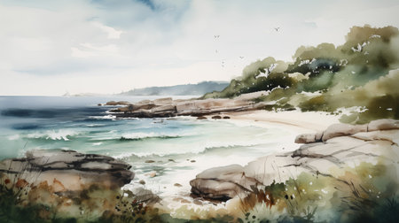 Digital watercolor painting of seascape with rocks and trees.の素材