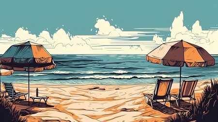 Beach with chairs and umbrellas. Vector illustration in retro styleの素材
