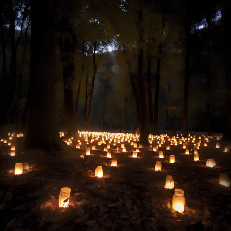 candlelight in the dark forest at night, 3d renderの素材