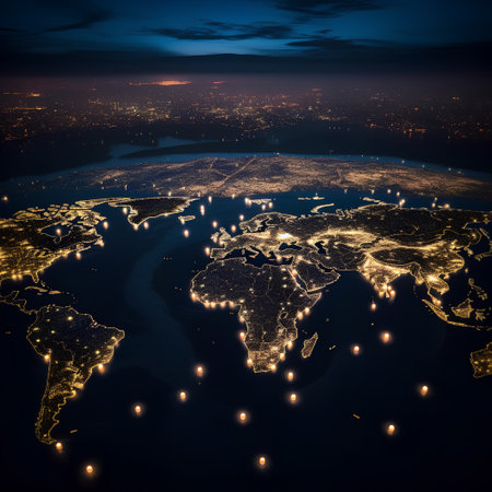 Map of the world with illuminated cities and roads. 3D renderingの素材