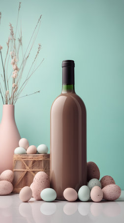 Easter still life with eggs and wine bottle. 3d renderの素材