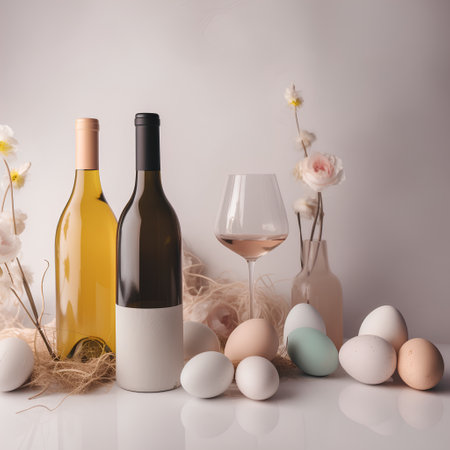 Wine bottle, glass of wine, eggs and flowers on light backgroundの素材