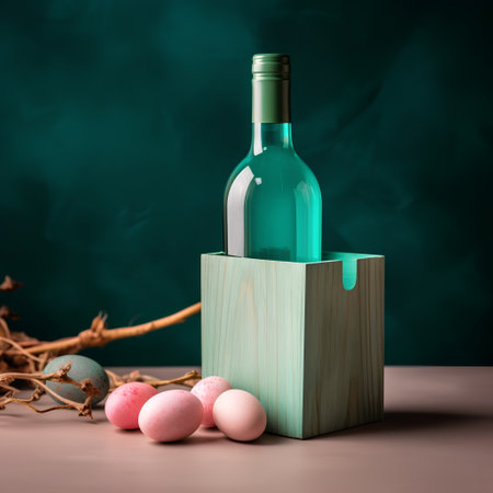 Wine bottle and easter eggs in wooden box on green backgroundの素材