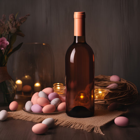 Wine bottle and easter eggs on a wooden background. Copy space.の素材