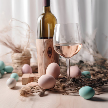 Easter still life with eggs and wine on a wooden table.の素材