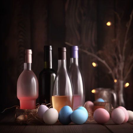 Easter still life with wine, eggs and candles on wooden backgroundの素材