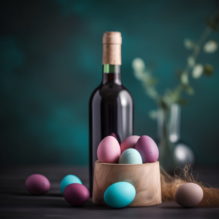 Colorful easter eggs in wooden bowl and bottle of wine on dark backgroundの素材