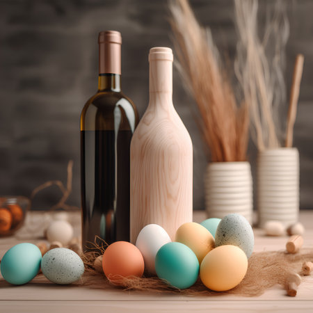 Easter still life with colorful eggs, bottle of wine and candles on wooden backgroundの素材