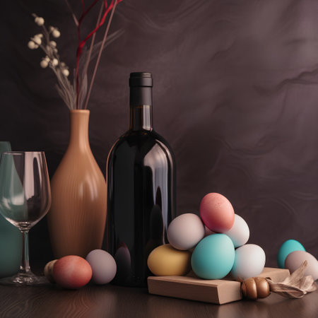 Easter still life with eggs, wine bottle and wooden board.の素材