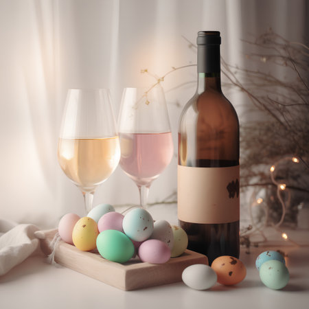 Easter still life with wine, eggs and candles on white backgroundの素材