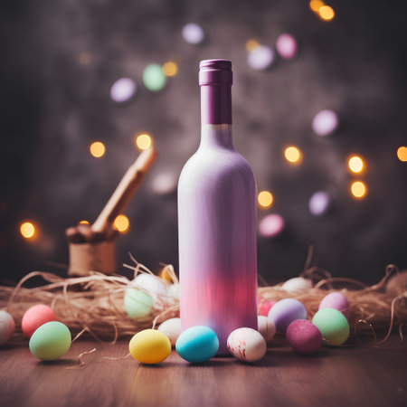 Wine bottle and easter eggs on wooden table with bokeh backgroundの素材