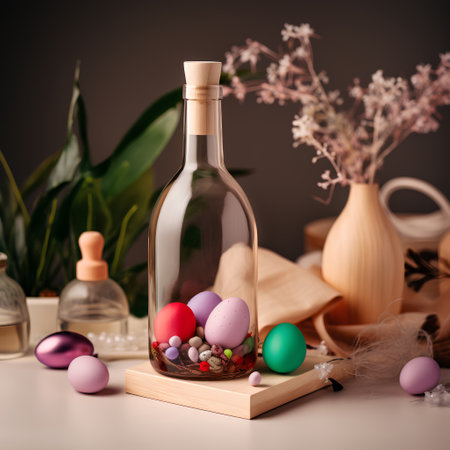 Colorful easter eggs and bottle of wine on brown background.の素材