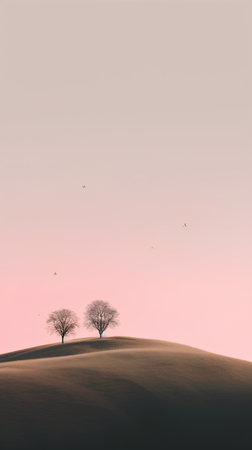 Silhouette of two trees in a meadow against a pink skyの素材