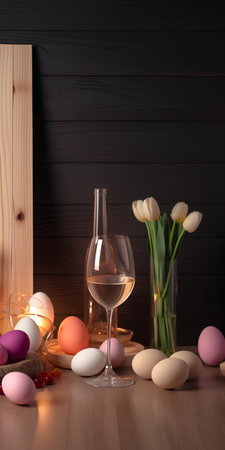 Easter still life with wine, eggs and tulips on wooden backgroundの素材