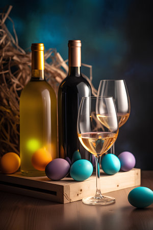 Easter still life with wine, eggs and bread on wooden backgroundの素材