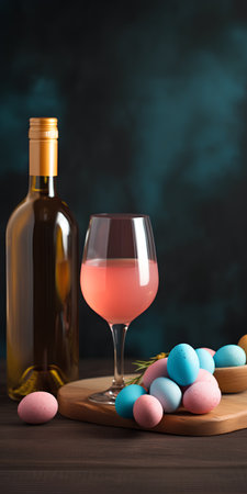 Wine bottle and glass of pink and blue easter eggs on wooden tableの素材