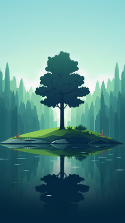 Pine tree on the island in the pond. Vector illustration.の素材
