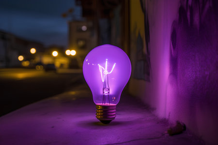 Incandescent light bulb on the street at night. 3D rendering.の素材