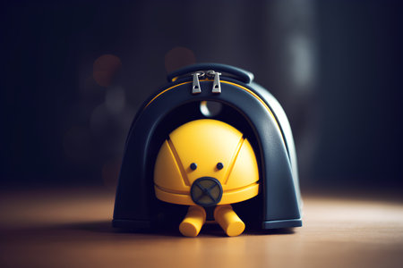 3d illustration of yellow robot in a black case on dark backgroundの素材
