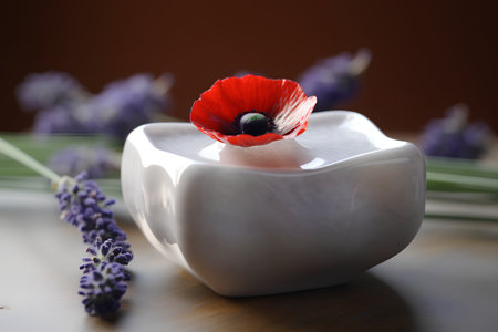 Lavender flowers in a white vase on a wooden tableの素材