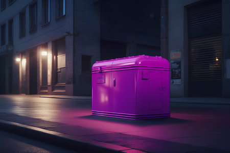 Purple trash can on the street at night. 3d renderingの素材