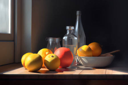 Still life with lemons, grapefruits and a bottle of waterの素材