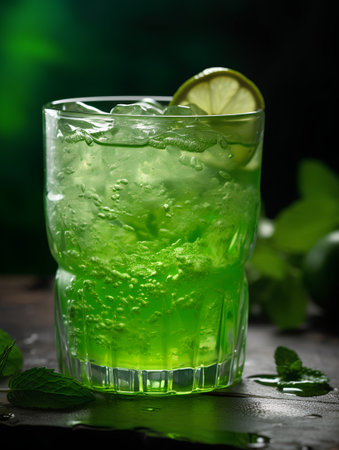 Mojito cocktail with lime, mint and ice on dark backgroundの素材