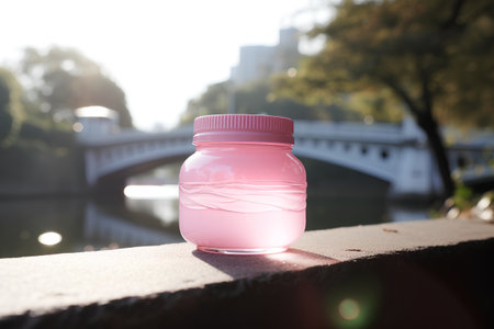 Glass jar with pink water on the background of the bridge over the river.の素材