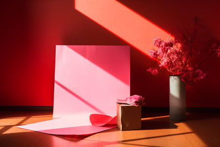 Empty pink paper sheet with a gift box and a vase with red flowers in the roomの素材