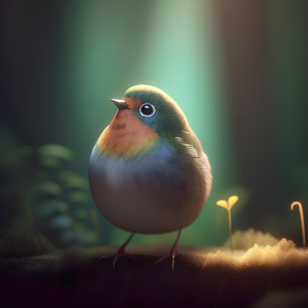 Funny bird in the forest. 3d rendering. Computer digital drawing.の素材