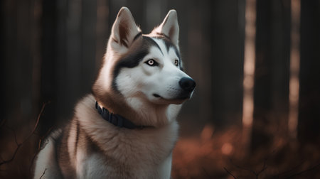 Portrait of a beautiful siberian husky dog in the forestの素材