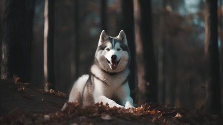 Siberian husky dog sitting on the ground in autumn forestの素材